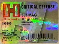 Balas Hornady Critical Defense 357 Mag 125gr FTX x25