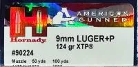Balas Hornady American Gunner 9mm +P 124gr XTP x20