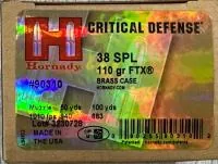 Balas Hornady Critical Defense 38 Spc 110gr x25